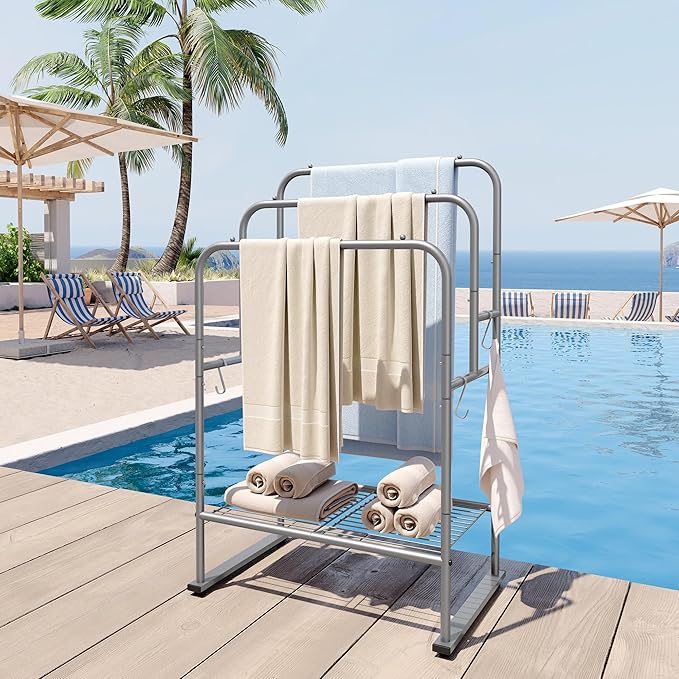 ELYKEN 40'' Tall Standing Towel Racks, 3 Tier Towel Drying Rack Outdoor, Pool Towel Stand Blanket Holder with Shelf & 4 Removable Hooks, Metal Freestanding Towel Racks for Bathroom, Smooth Silver