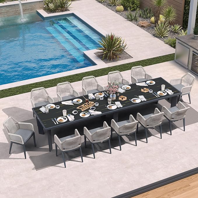 PURPLE LEAF 13 Pieces Patio Dining Set Aluminum Modern Rectangular Table and Rattan Arm Chairs with Cushions for Kitchen Porch Garden Outdoor Furniture Sets, Dark Grey