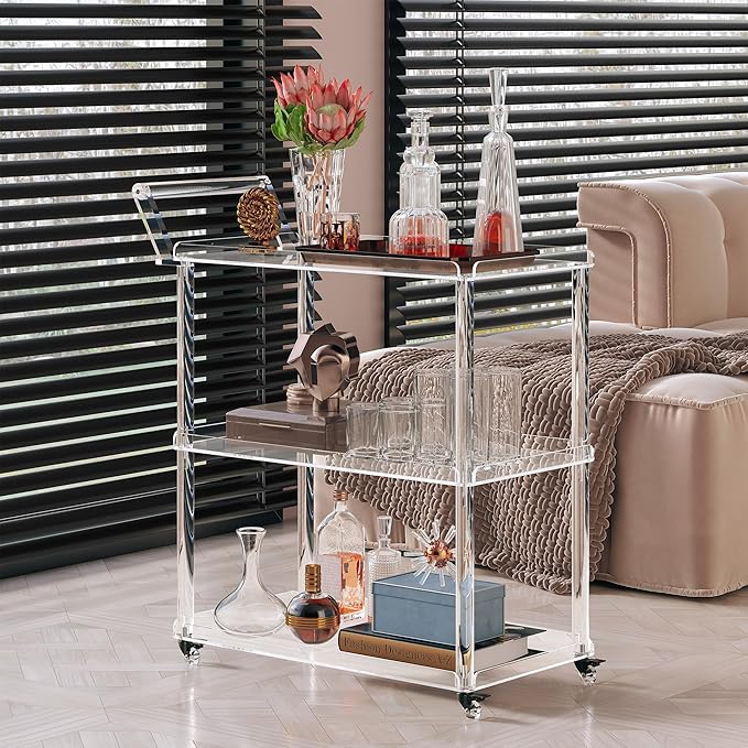 Dethan Acrylic Bar Cart with Lockable Wheels, Rolling Serving Cart with Pulling Handle, 3-Tier Clear for Home Bar, Kitchen, Living Room, Portable Beverage Space-Saving Modern Acrylic Trolley