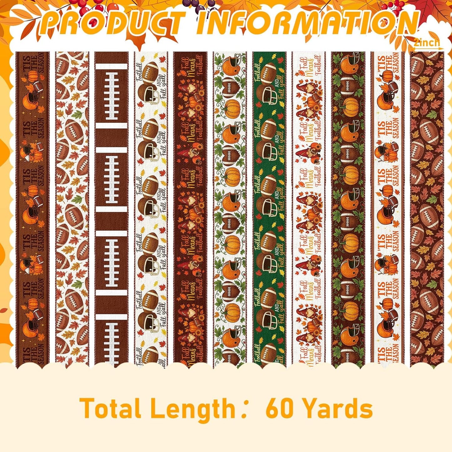 12 Rolls Fall Football Wired Edge Ribbon for Wreaths 2 Inch x 60 Yards Maple Leaves Pumpkin Football Print Ribbon Crafts for Thanksgiving Harvest Party Decorative Supplies, 12 Styles