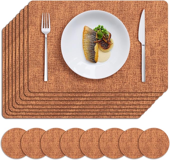MOSAYT Placemats Set of 8, Heat Resistant Vinyl Place Mats with Coasters, Wipeable Washable 100% Waterproof Oil Proof Faux Leather Table Mats for Kitchen Dining Party Outdoor, 12" x 17", Orange