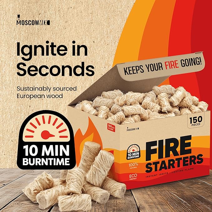 Moscow-Mix Fire Starter (150 PCS) Bulk Natural Fire Starters for Campfires, Fireplace, Charcoal Starter for Grill, BBQ, Wood Stove, Fire Pits - Odorless, Non-Toxic, Waterproof Natural Wood Starters