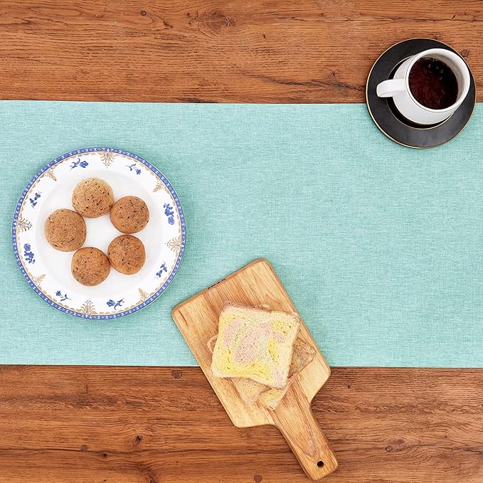 Mebakuk Linen Farmhouse Table Runner Large Burlap Style Soft and Waterproof Decorative Fabric Runner for Outdoor Wedding and Dinner (14 x 120 Inch, Turquoise Blue)