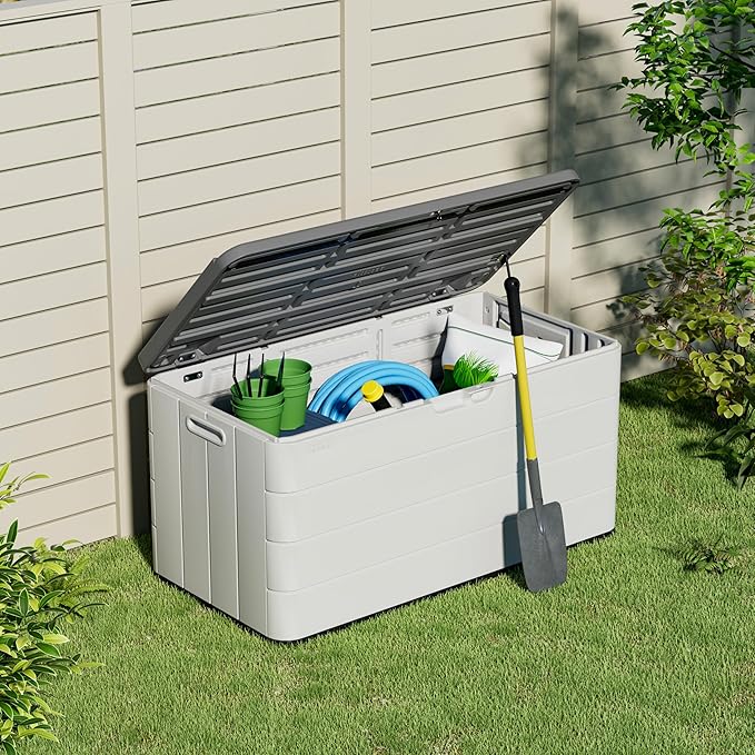 100 Gallon Plus Resin Deck Box, Waterproof Outdoor Storage Box for Patio Furniture, Garden Tools, and Pool Accessories, Lockable UV-Resistant Storage Bin Bench Cabinet for Outside, White