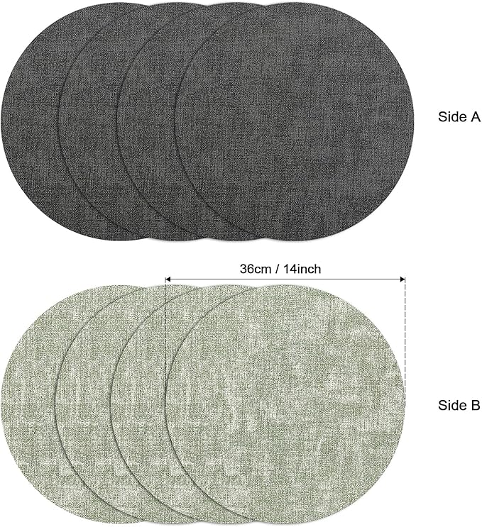 Myir JUN Round Placemats Dual Sided, Faux Leather Place Mats Set of 4 Indoor Placemats for Dining Table Outdoor Placemats Non-Slip Washable Table Mats (Set of 8, Gray Grass Green)