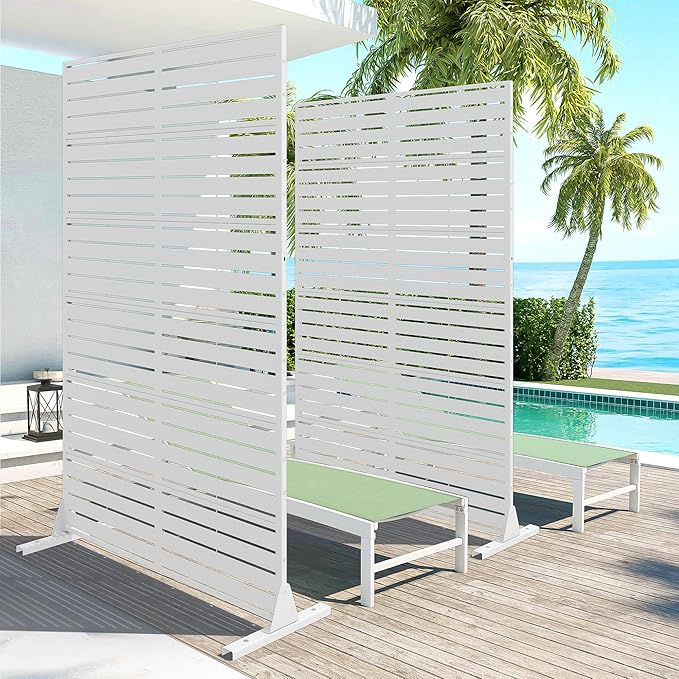 Casaphoria 72" H x 45" W Metal Privacy Screen, 2 Pack Outdoor Freestanding Decorative Divider for Patio & Garden with Stable Base, White-Louvered