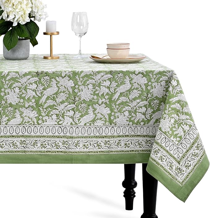 CPC Tablecloth 100% Cotton 72x190 Inch Indian Block Print Rectangle Table Cover, Green Table Cloth for Weddings, Spring/Summer, Barbeque - Olive Green