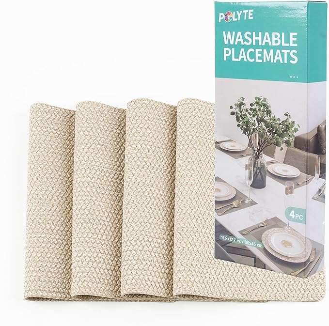 POLYTE Indoor/Outdoor Washable Woven Vinyl Table Dining Placemats, Set of 4