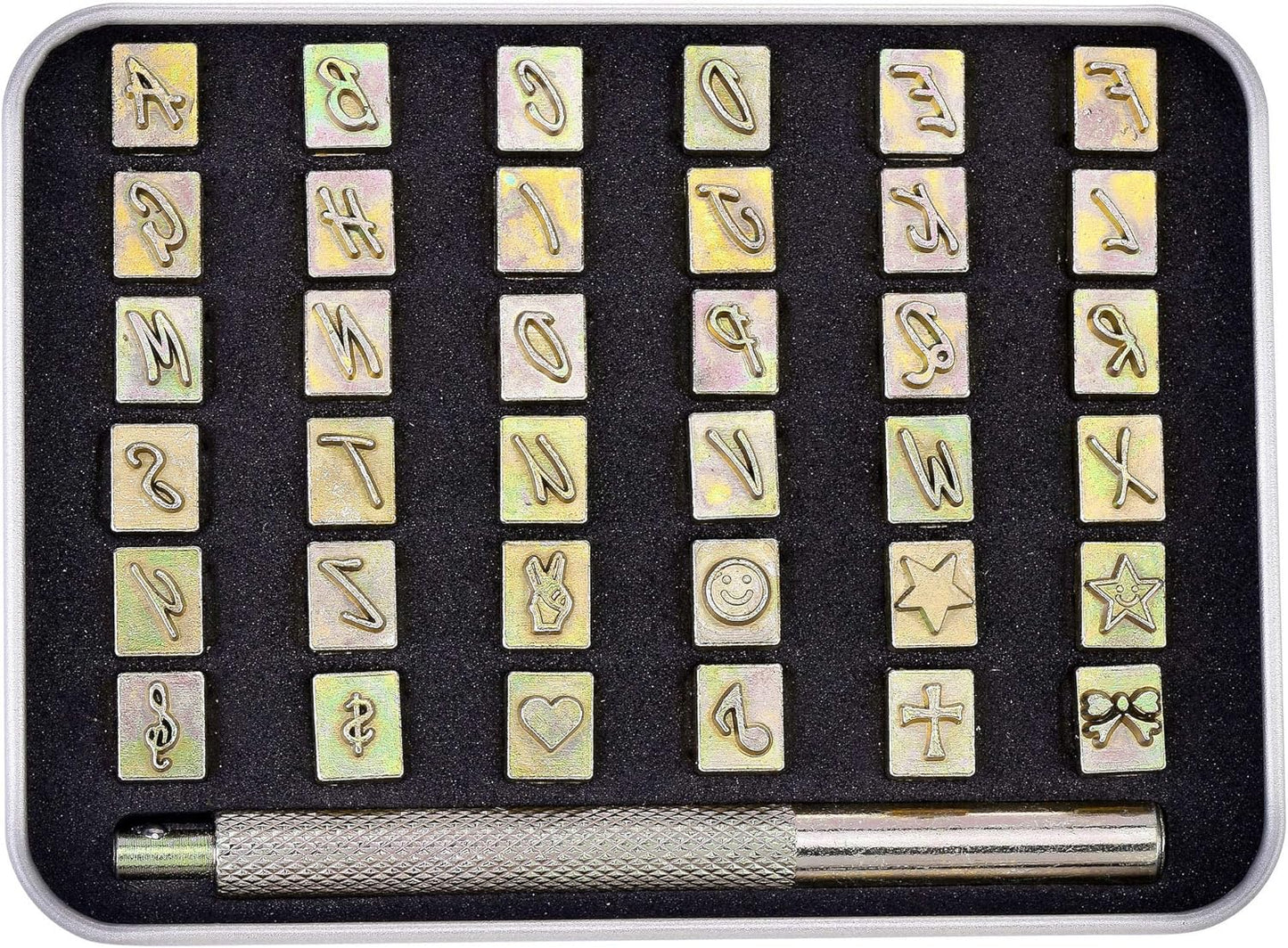 Yoption 37 Pieces Leathercarft Stamping Tool Set, 26 Letters Alphabet & 10 Patterns Stamping Tool 6mm +1 Stamping Handle for Leather Craft