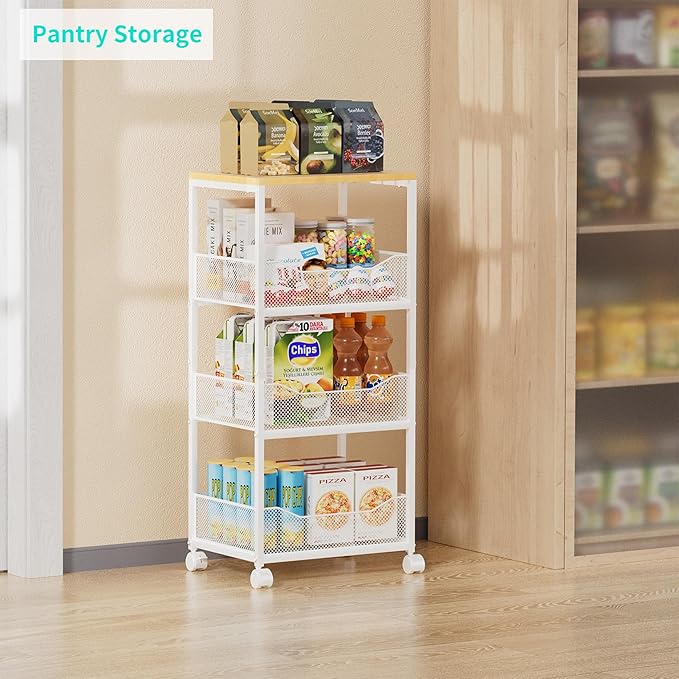 HapiRm Fruit Basket Kitchen Cart - 4-Tier Rolling Storage Cart with Wheels, Wood Top Utility Pantry Cart for Vegetables, Potatoes, Onions, Bread, Snacks