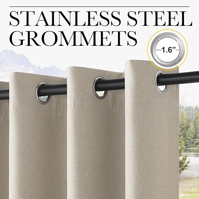 NICETOWN 100% Blackout Outdoor Curtains for Patio Waterproof 2 Panels, Linen Textured Thermal Insulated Indoor/Outside Drapes for Gazebo, Privacy Sun Shades for Porch, Garden, W52 x L84 Inch, Natural