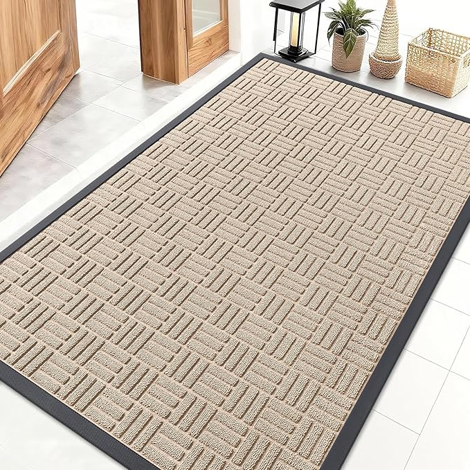 OLANLY Front Door Mat Outside Entrance 47x32, Absorbent, Heavy Duty Sturdy Natural Rubber Doormat Indoor Outdoor, Non-Slip, Stain and Fade Resistant, Low Profile Floor Mat for Entryway, Latte White