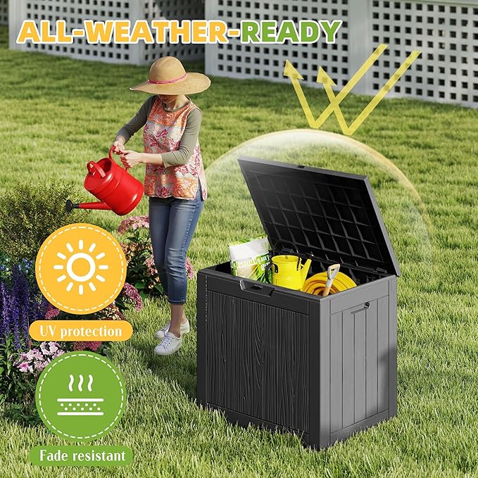 30 Gallon Deck Box,Resin Outdoor Storage Box with Lockable for Patio Furniture, Garden Tools Waterproof Outside Storage Box, Black