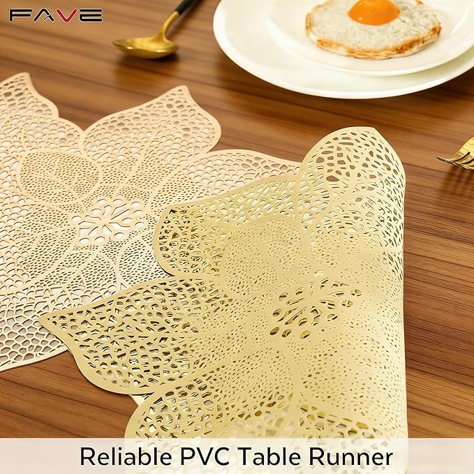 FAVE Gold Table Runners 36 Inches Heat Resistant Table Runner Flower Shaped Vinyl Table Runner Waterproof Washable Table Mats for Wedding, Banquet, Birthday,Party,Restaurant(Gold Flower Shaped)
