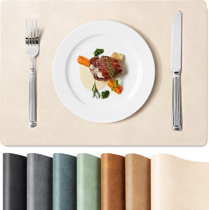 Roxifina Faux Leather Placemats Set of 6 - Vinyl Placemats Wipeable Waterproof Oil-Proof PU Place Mats Heat Resistant Reversible Table Mats for Dining, Kitchen, Outdoor, 12 x 17 Inch (Beige)
