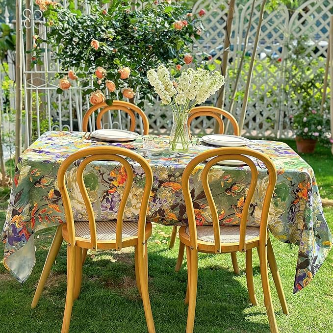 Spring Summer Square Tablecloth, Activated Print Floral Waterproof Table Cloth, Dining Table Cover for Dining, Picnic, Outdoor, Wedding - 60''x60'' - Green