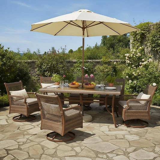 PURPLE LEAF Outdoor Dining Set for 6 All Weather Wicker Patio Dining Set with Hand-Woven Rattan Swivel Dining Chais and Rectangular Aluminum Table for Garden Deck Backyard Kitchen