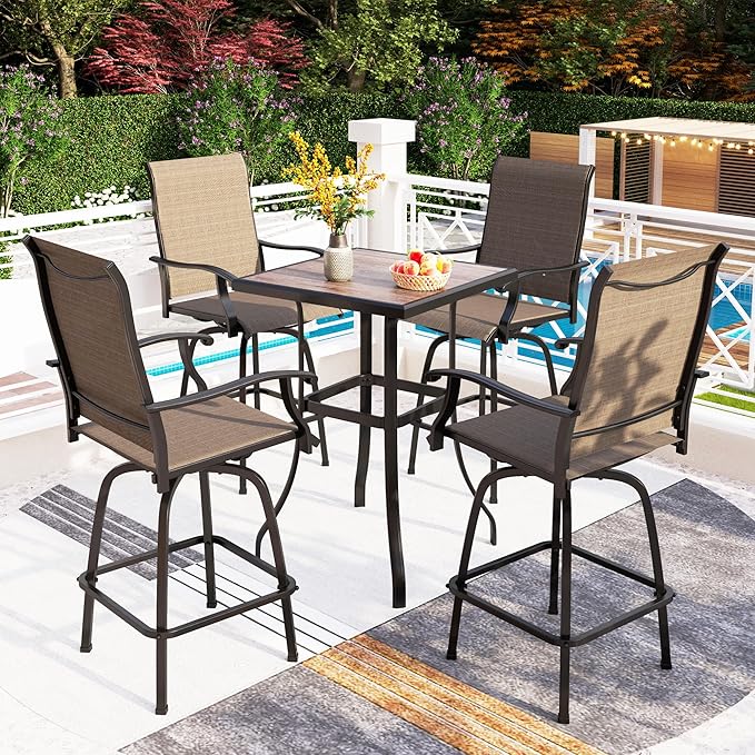 PHI VILLA 5 Piece Outdoor Bar Set with Swivel Patio Bar Stools, Patio Bar Bistro Table and Chairs with Brown Textilene Fabric & Square Bar Table for Deck, Balcony and Garden