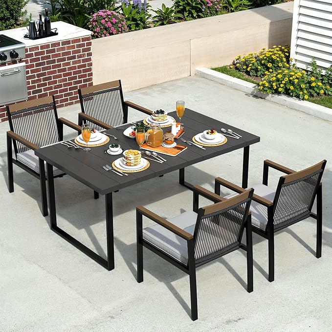5-Piece Patio Dining Table and Chair Sets, Outdoor Metal Dining Furniture Set with Umbrella Hole, Wood Grain Tabletop, 4 Rope Patio Chairs with Faux Wood Armrest & Cushions for Backyard, Deck