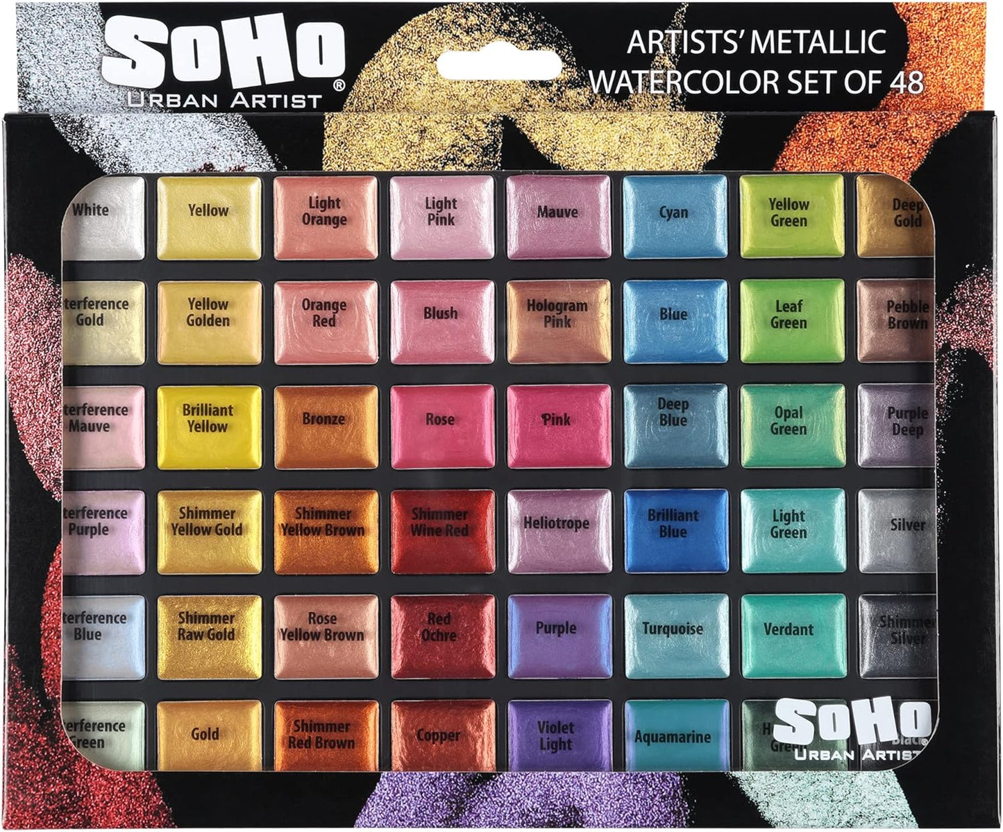 Soho Urban Artist Metallic Watercolors Set – 48 Vibrant Metallic Half Pans in Travel Case – Professional Shimmer Watercolor Paint Set for Artists, Crafters & Mixed Media