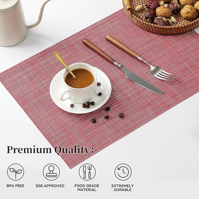 Leetaltree Red Placemats Set of 12 - Heat Resistant Non-Slip Place mats for Dining Table, Washable Durable PVC Vinyl Woven Table Mats（Red, 12）
