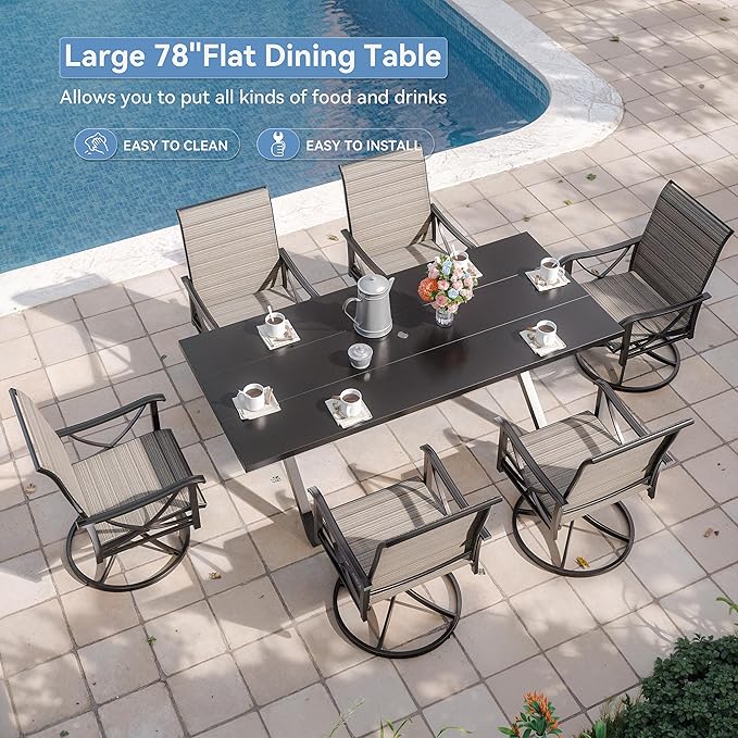 Kurapika 7-Piece Patio Dining Set, Patio Furniture Set for 6, Outdoor Large Metal Table with Umbrella Hole and Textilene Swivel/Rocking Chairs, for Garden, Deck, Porch, Pool All Weather, Brown