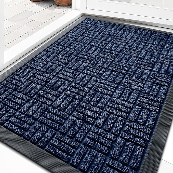OLANLY Front Door Mat Outside Entrance 33x21, Absorbent, Heavy Duty Sturdy Natural Rubber Doormat Indoor Outdoor, Non-Slip, Stain and Fade Resistant, Low Profile Floor Mat for Entryway, Navy Blue