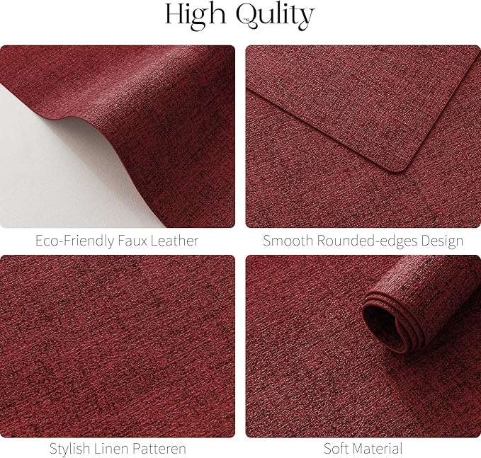 MOSAYT Faux Leather Placemats Set of 12, Heat Resistant Vinyl Place Mats with Coasters, Wipeable Washable 100% Waterproof Oil Proof Table Mats for Kitchen Dining Party Indoor Outdoor, 12" x 17", Red