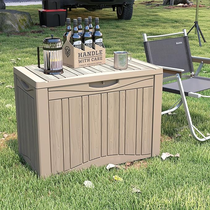 50 Gallon Plus Resin Deck Box, Waterproof Outdoor Storage Box for Patio, Poolside, and Garden, Lockable UV-Resistant Storage Bin Bench Cabinet for Small Spaces, Grey