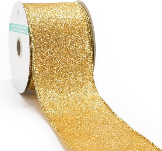 CT CRAFT LLC Glitter Wired Ribbon 2.5" x 10 Yards Yellow Gold for Christmas Home Decor Bow Gift Wrapping DIY Crafts Wreath
