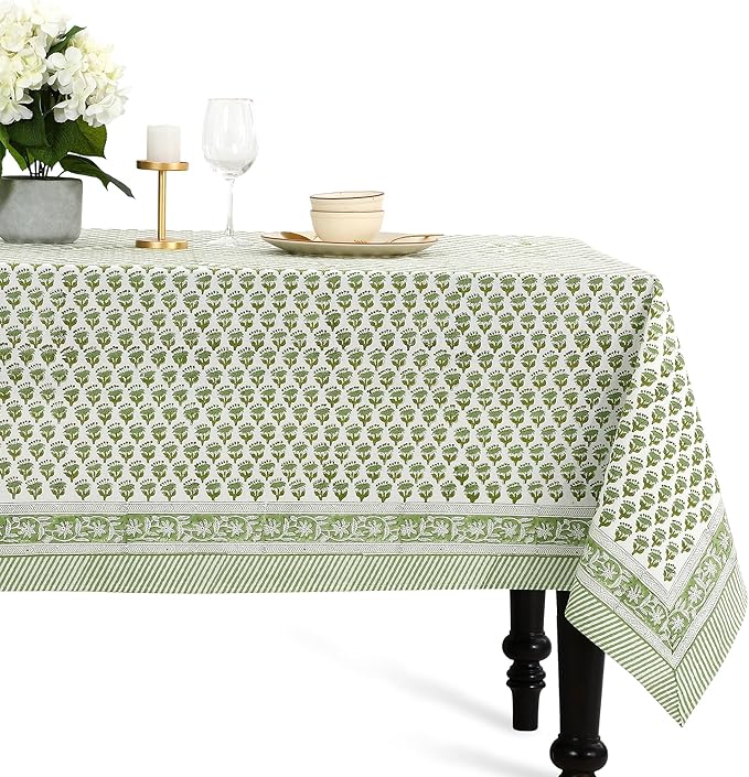 CPC Emerald Green Floral Hand Block Printed 100% Cotton Tablecloth 60x120 Rectangular Reusable and Washable Boho Dining Table Cloth Thanksgiving