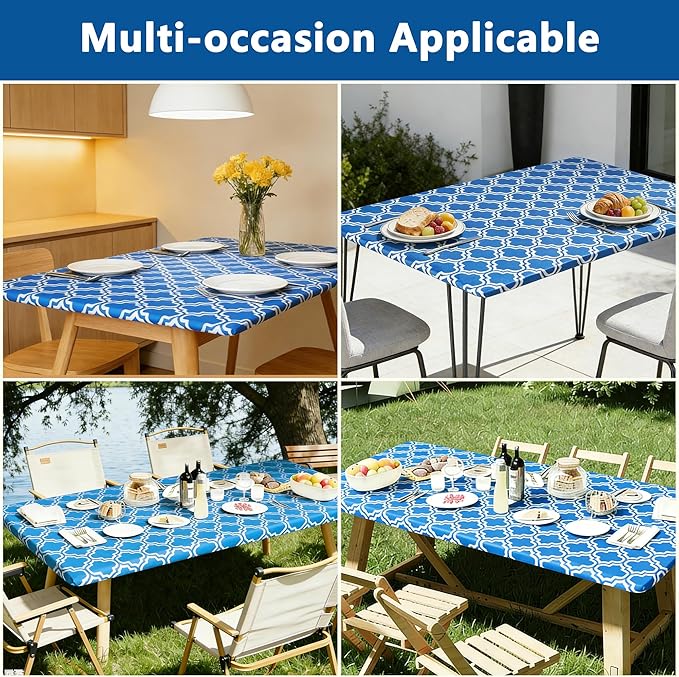 Rectangle Picnic Table Cloth, Elastic Waterproof Fitted Vinyl Tablecloths for 5 Foot Tables, Wipeable Flannel Backed Table Covers for Dining, Camping, Outdoor(Blue,36"x60")