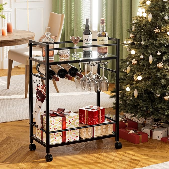Bar Cart with Wine Rack, Serving Cart for Home, Microwave Cart, Drink Cart, Mobile Kitchen Shelf with Glass Holder, Rolling Beverage Cart for Dining Room (Black)