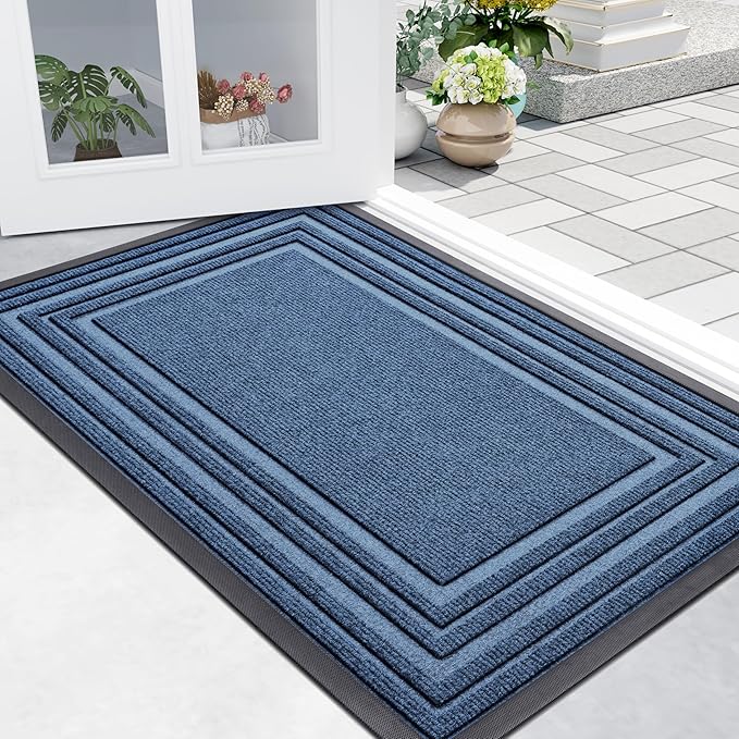 Buganda Front Door Mat Indoor Outdoor Entrance, Non-Slip Natural Rubber Doormats, Easy Clean, Low Profile, Dirt Trapper Entryway Floor Mats for Outside, Garages and Patios, 47x32, Light Blue