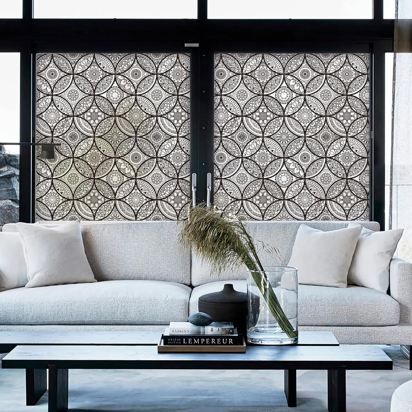 DKTIE Boho Stained Glass Look Window Privacy Film with Installation Tools, Decorative Frosted Glass Window Film Static Cling No Glue Removable, Pure Black, 17.7" x 78.7"