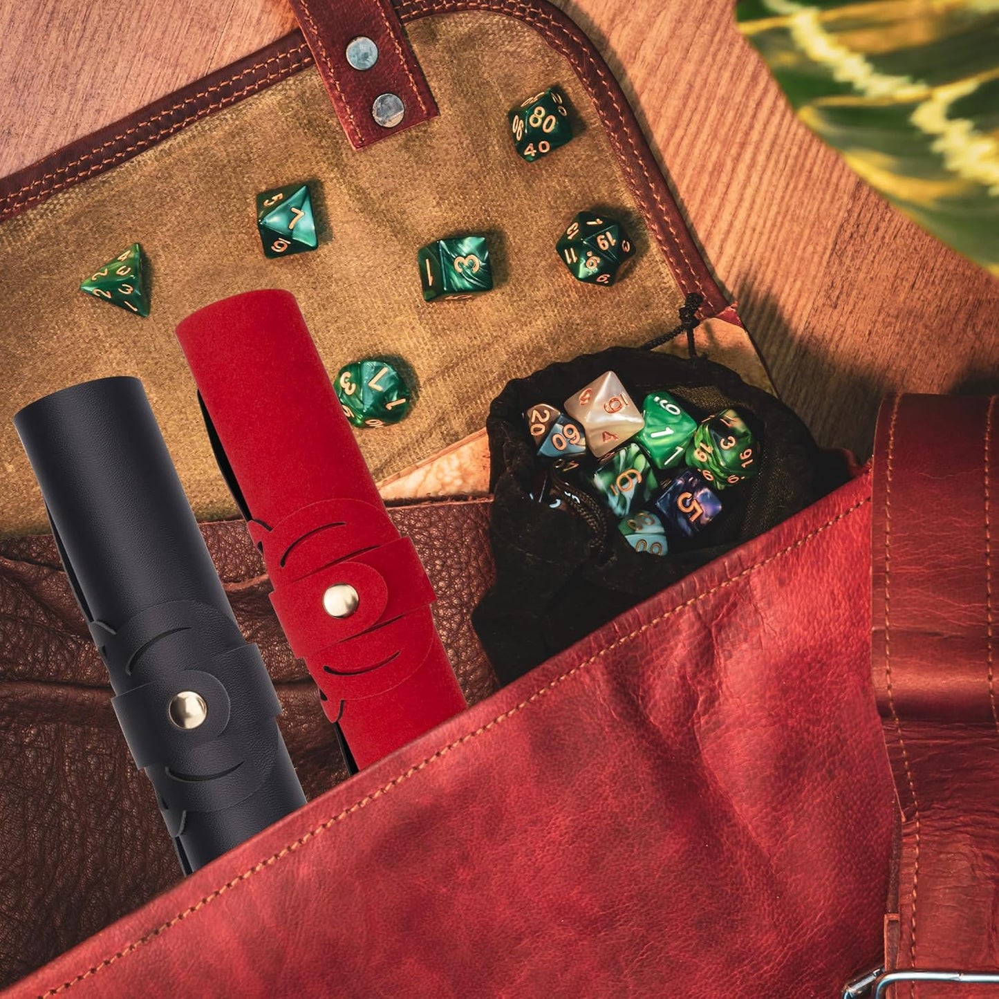 SIQUK 2 Pieces Octopus Dice Rolling Tray PU Leather Dice Mat Folding Scroll Dices Holder Trays for D&D RPG Games (Black, Red)