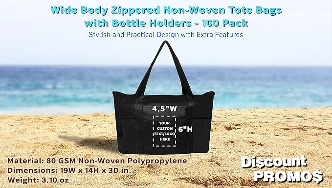 DISCOUNT PROMOS 100 Zippered Non-Woven Tote Bags Set - Customizable Text, Logo - Mesh Pocket, Zippered, Recyclable, Reusable - Black - 19"X14"X3", with Zipper
