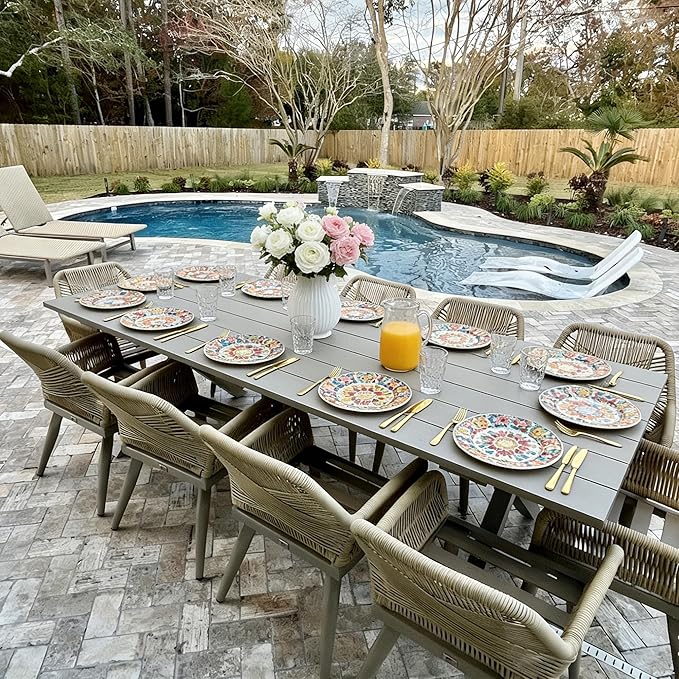 PURPLE LEAF 11 Pieces Outdoor Dining Set All-Weather PE Rattan Outdoor Patio Furniture Set with All Aluminum Frame Rectangular Table and Chairs Set for Lawn Garden Backyard Deck, Champagne