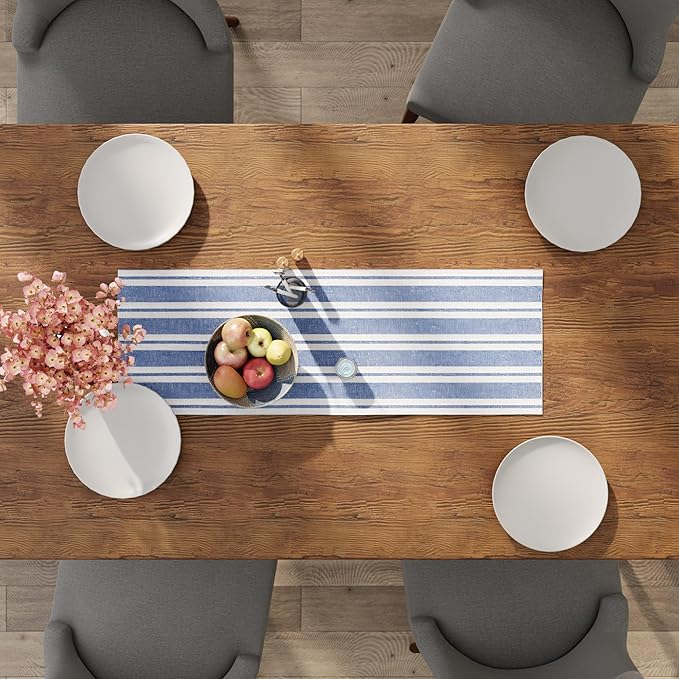 Encasa XO Cotton Dining Table Runner | Franca Blue Stripes | Size 13x36 in - Machine Washable & Durable