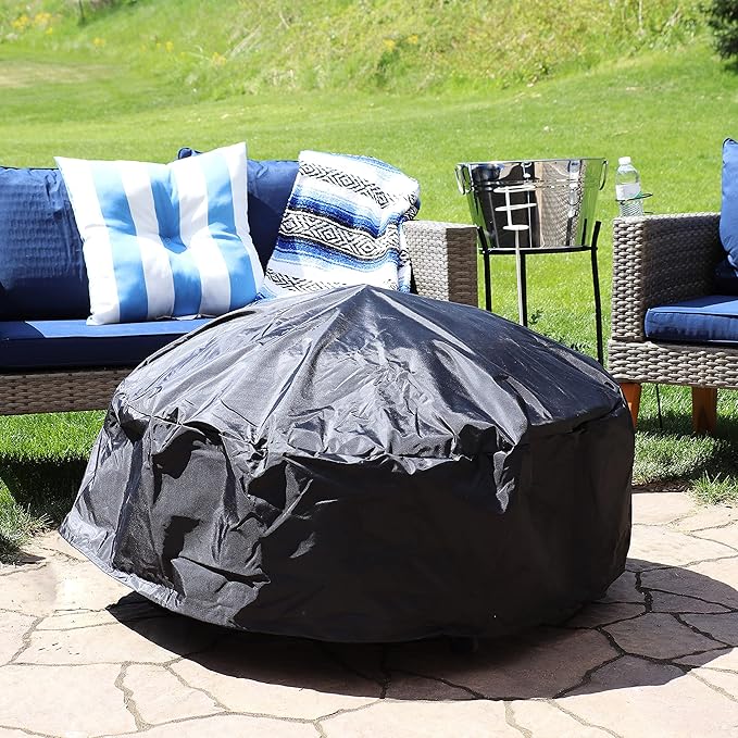 Sunnydaze Round Outdoor Fire Pit Cover - Heavy-Duty 300D Polyester and PVC with Drawstring Closure - Black - 48-Inch