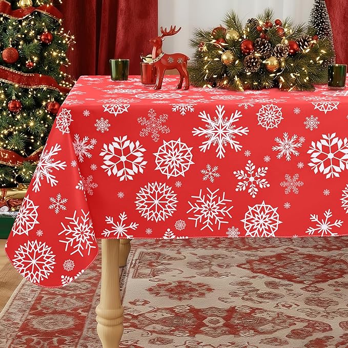 misaya Rectangle Waterproof Vinyl Table Cloth, Wipeable Tablecloth with Flannel Backing, Plastic Table Cover for Dinner, Christmas Party (Red Snowflake, 60" x 120")