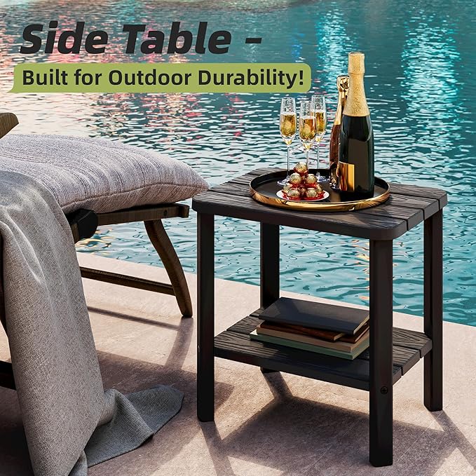Adirondack Square Outdoor Side Table, 2-Tier Small Outdoor Table for Patio, HDPE End Table for Backyard, Pool, Lawn, Indoor Companion, Easy Maintenance & Weather Resistant(Black)