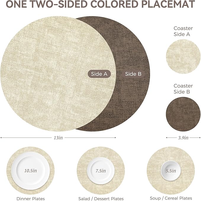 13" Round Placemats Set of 6, NCUE Dual-Sided Faux Leather Heat Resistant Table Mats, Waterproof Oilproof Washable Protective Table Placemats with Coaster, Wipeable Vinyl for Indoor & Outdoor Use