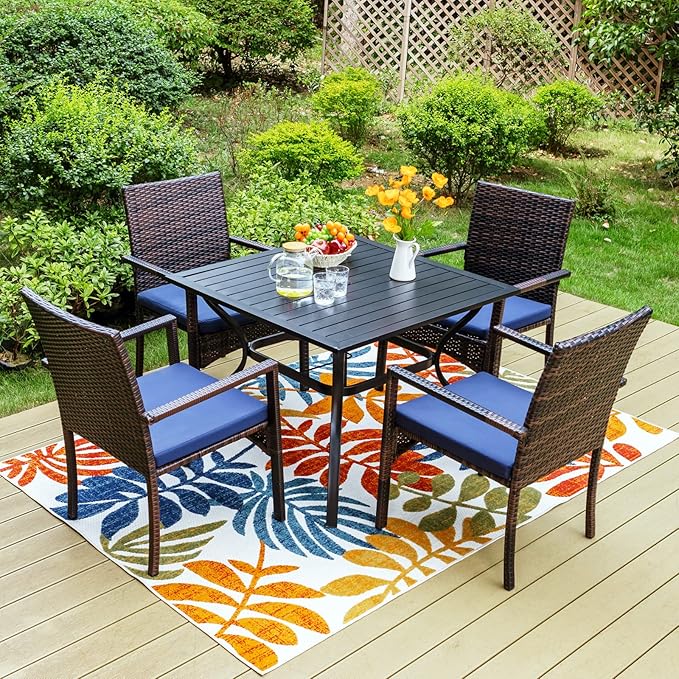 Sophia & William Outdoor 6 Pieces Dining Set with 4 Rattan Chairs, 1 Metal Table and 1 10ft 3 Tier Auto-tilt Umbrella(No Base) Orange Red, Modern Patio Furniture for Poolside, Porch, Patio, Balcony