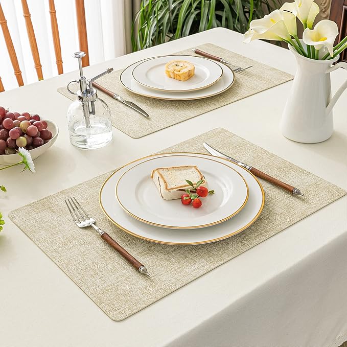 Romanstile Vinyl Placemats Set of 6-12 X 17 Inch - Heat Resistant Place Mats 100% Waterproof Oilproof Wipeable Reversible Faux Leather Table Mats for Kitchen, Dining, Party, Outdoor, Beige