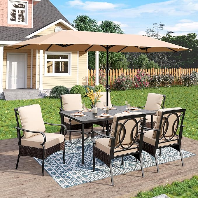 PHI VILLA Outdoor Dining Set for 6, All-Weather Patio Table and Chairs Set with Umbrella for 6, Heavy Duty Rectangle Patio Table Set for Deck, 6 Extra Large Outdoor Swivel Chairs with Thick Cushions