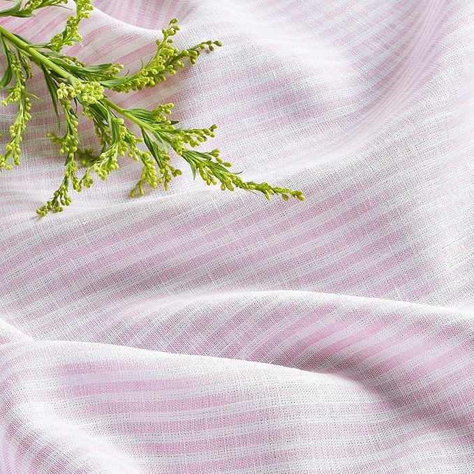 Solino Home Linen Table Runner 144 Inches Long - Narrow Stripe, 100% Pure Linen Pink and White Table Runner 14 x 144 Inch for Dining, Valentines, Spring, Easter