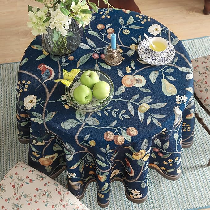 Linen 55 Inch Round Tablecloth,Wrinkle Resistant French Blue Tablecloth Print with Froal,Decor Stitch Table Cloth for Thanksgiving,Dining Room,Home,Kitchen Diameter 55"-DeweyA Blue