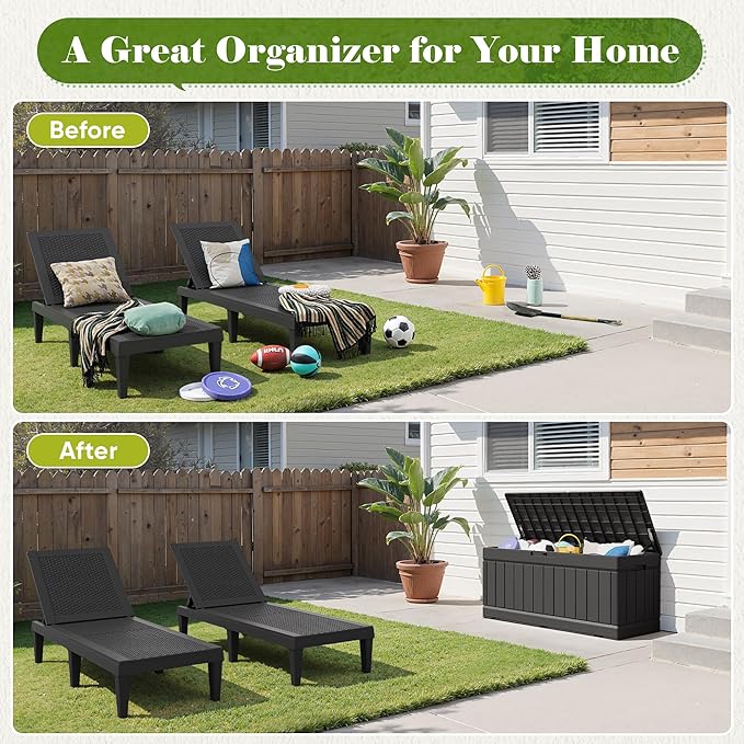 Flamaker Outdoor Storage Box 80 Gallon Resin Waterproof Deck Box Delivery Box with Wood Texture Large Storage Bin for Patio Cushions (Black)