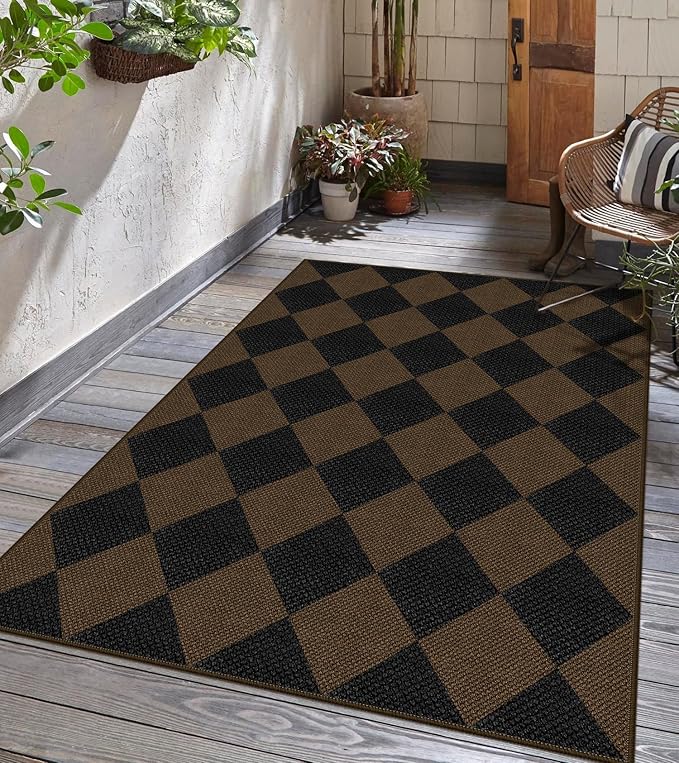 Easy Jute Checkered Area Rug, 3x5 Indoor Outdoor Entryway Rug Washable Coffee Modern Diamond Kitchen Rugs, Non-Slip Neutral Farmhouse Throw Carpet for Living Room Patio Kids Room